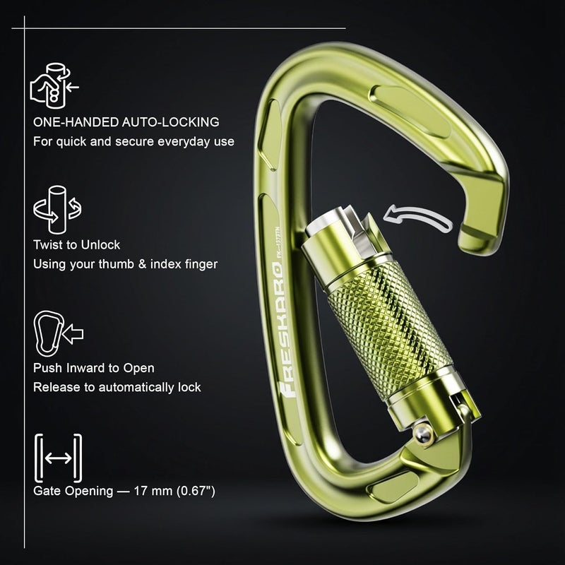 FresKaro 4inches 25kN-5621lbs Climbing Carabiners, UIAA CE Certified, Twist Auto Locking, Made of 7075 Aluminium, Lightweight, Rust Proof, for Mountaineering, Rappelling etc., Multi-Colors - Image 3